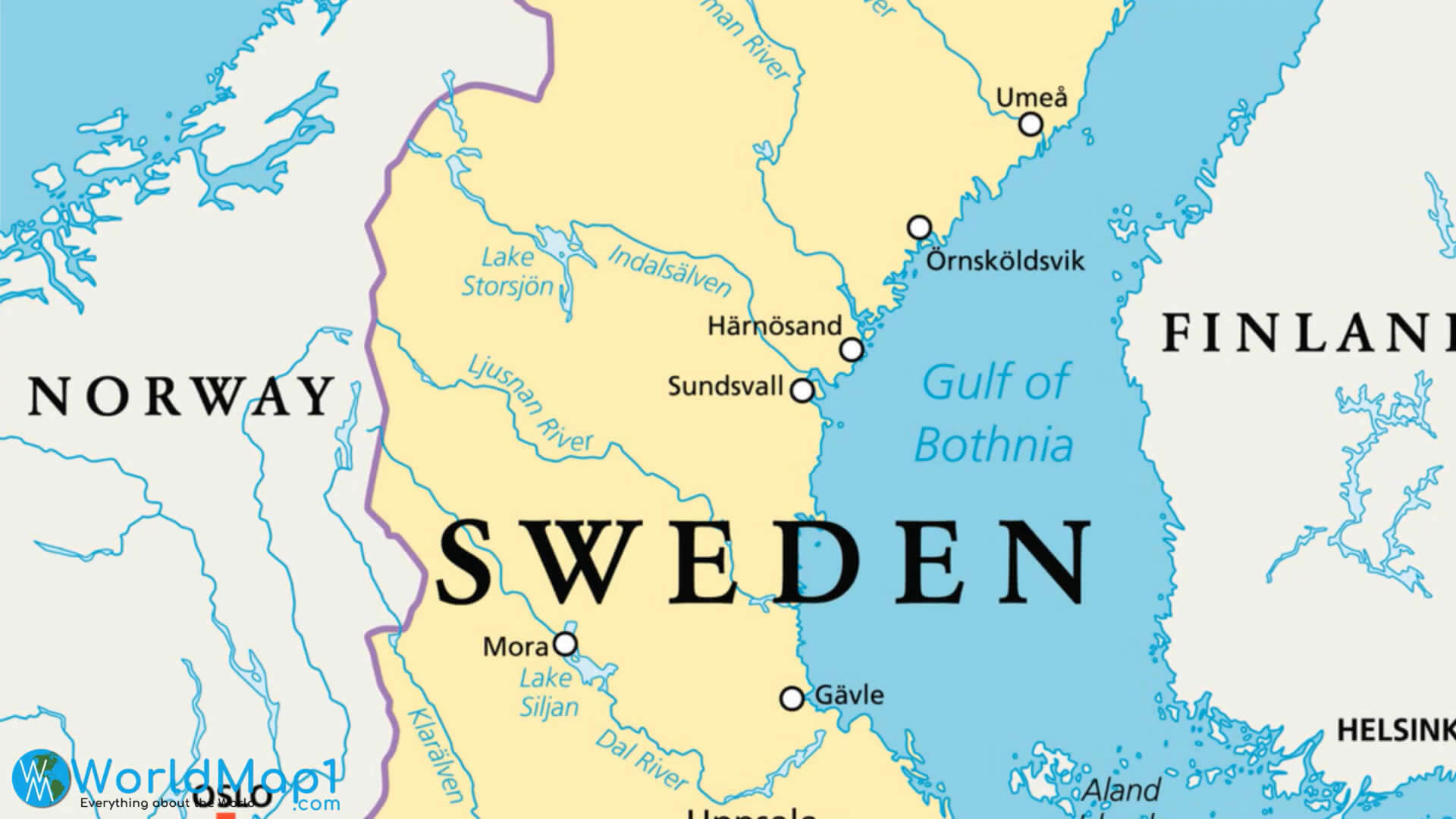 Northern Sweden Cities and Finland Map